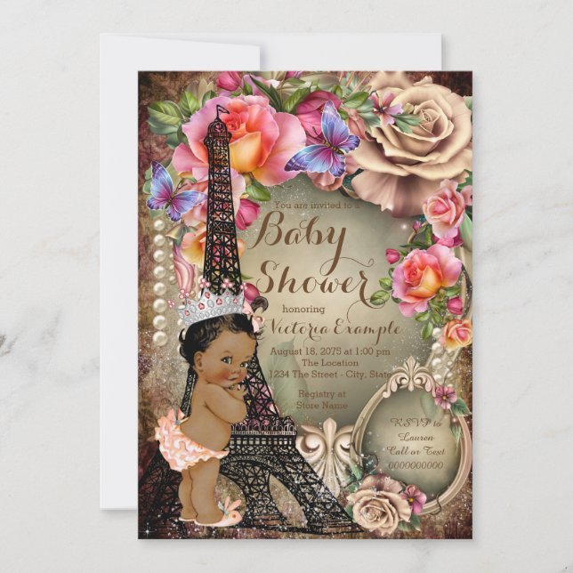 Convites Chá de Bebê Princesa Étnica Vintage Paris (Frente)