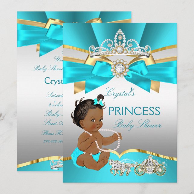 Convites Chá de Bebê Princesa Etnico Azul Turquesa Dourado (Frente/Verso)