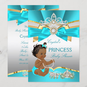 Convites Chá de Bebê Princesa Etnico Azul Turquesa Dourado