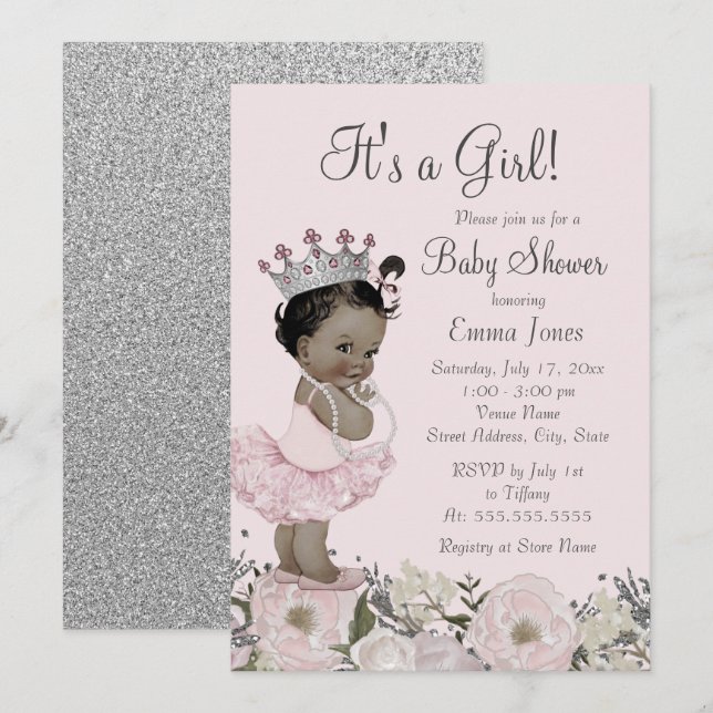 Convites Chá de Bebê Princesa Floral Rosa Afro-Americano (Frente/Verso)