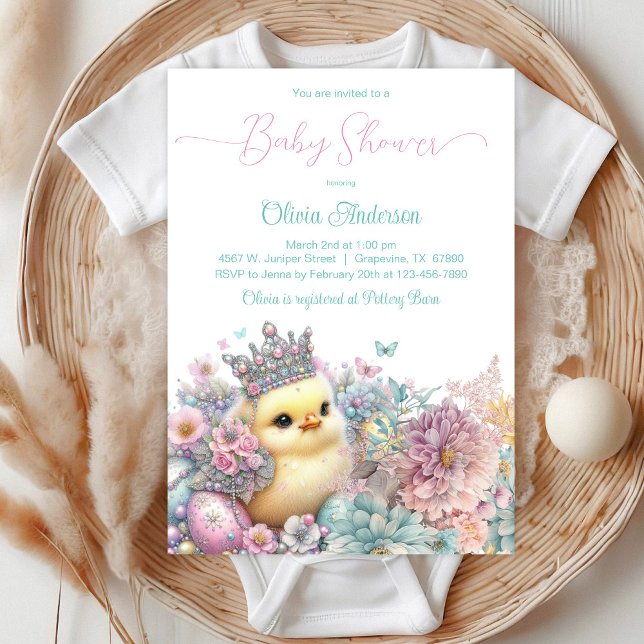 Convites Chá de Bebê Princesa Frango (Sweet baby girl chick with pretty crown, eggs, confetti and butterflies on a floral background.)