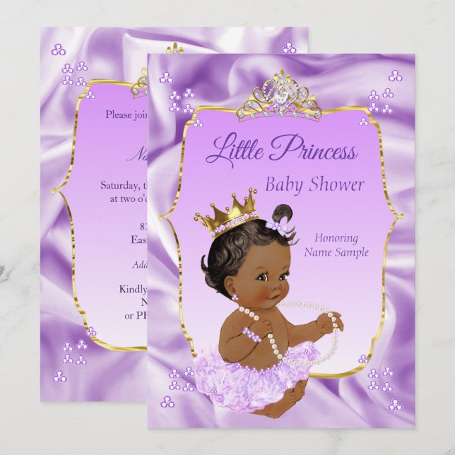 Convites Chá de Bebê Princesa Lilás Dourado Menina Étnica (Frente/Verso)