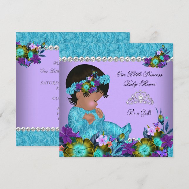 Convites Chá de Bebê Princesa Menina Azul Teal Roxo (Frente/Verso)