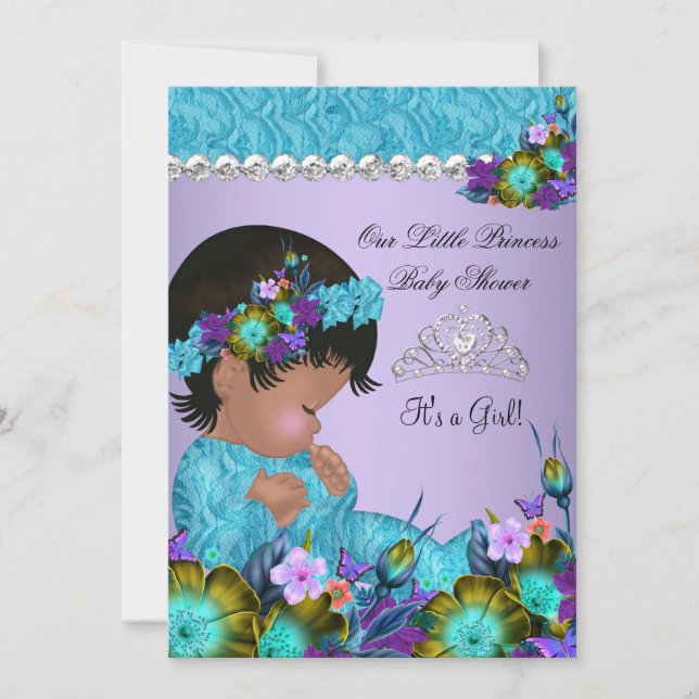 Convites Chá de Bebê Princesa Menina Azul Teal Roxo 2 (Frente)
