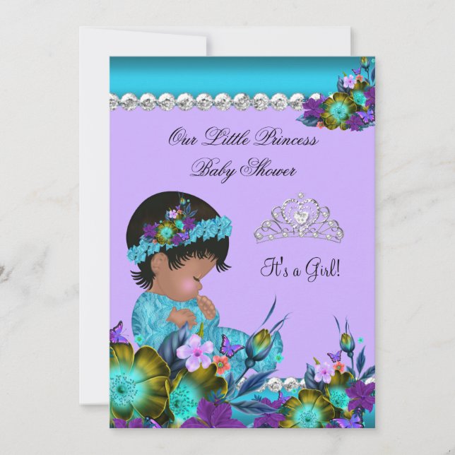 Convites Chá de Bebê Princesa Menina Azul Teal Roxo zz2 (Frente)