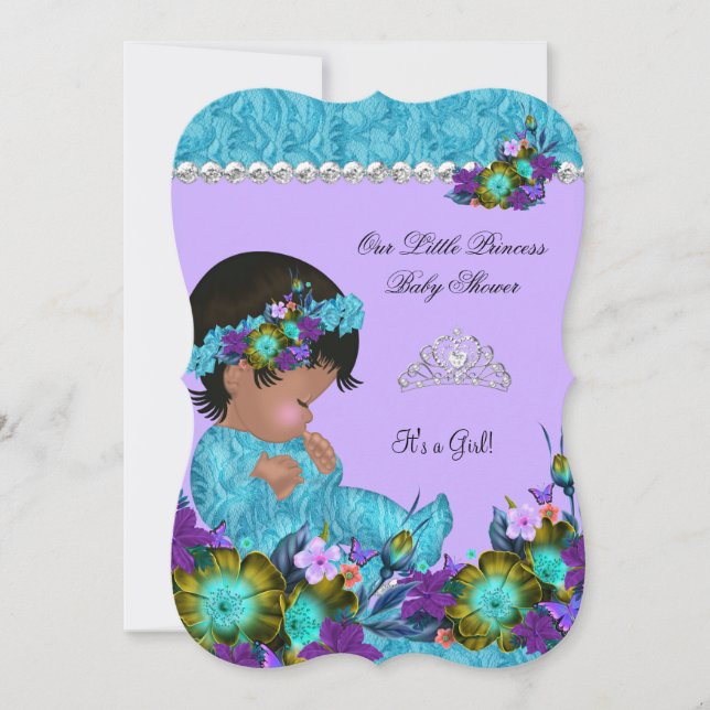 Convites Chá de Bebê Princesa Menina Azul Turquesa Roxo (Frente)