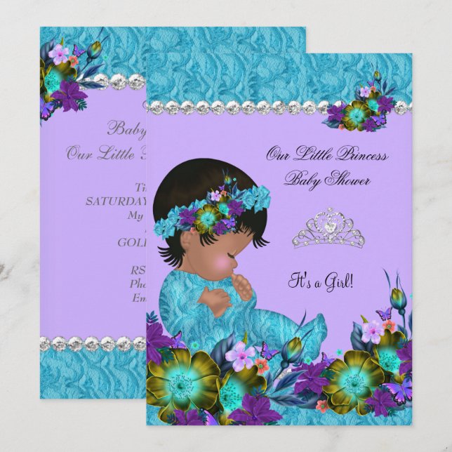 Convites Chá de Bebê Princesa Menina Azul Turquesa Roxo (Frente/Verso)