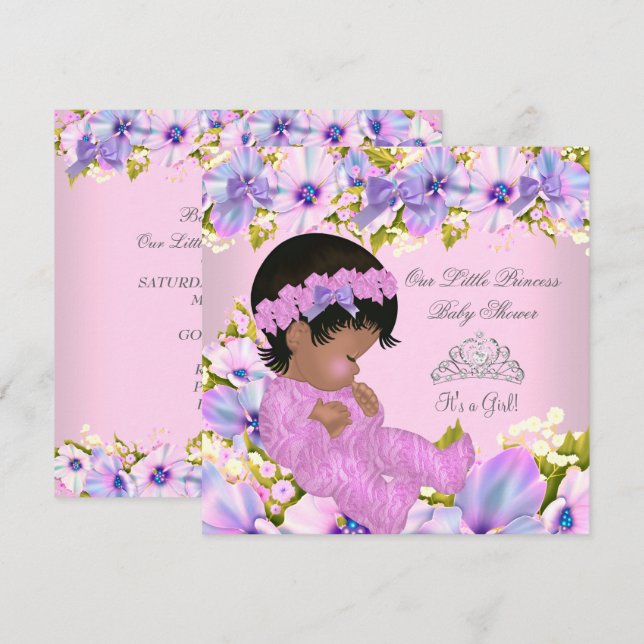 Convites Chá de Bebê Princesa Menina floral Rosa Roxo (Frente/Verso)