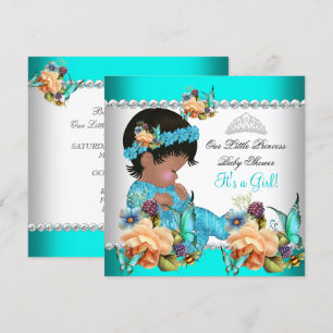Convites Chá de Bebê Princesa Menina Flores Azul Teal
