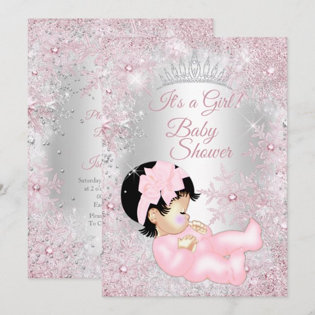 Convites Chá de Bebê Princesa Menina Pink Winter Wonderland (Frente/Verso)
