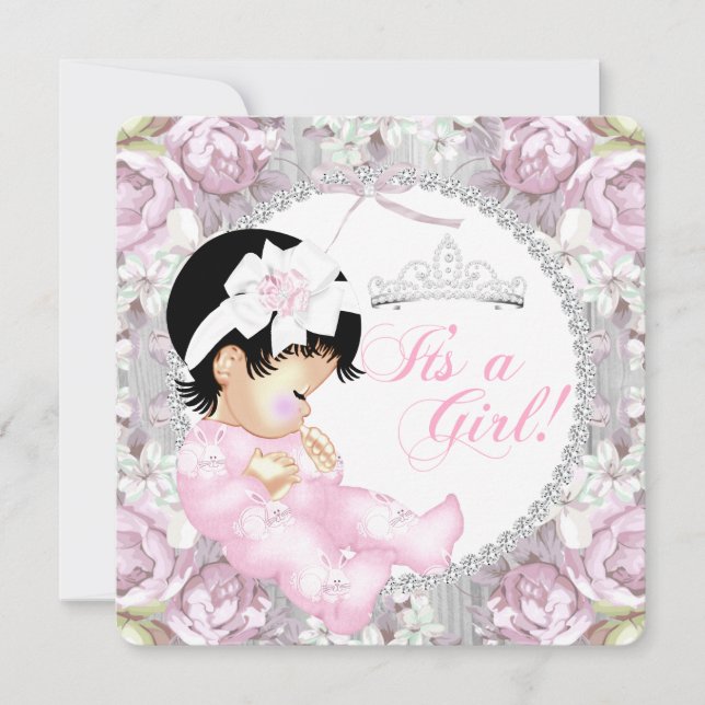 Convites Chá de Bebê Princesa Menina Rosa Antigo Rosa Flora (Frente)