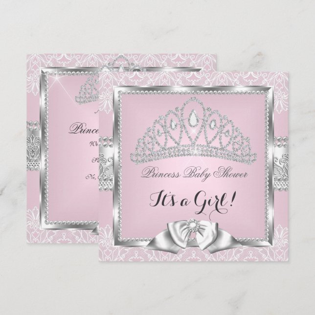 Convites Chá de Bebê Princesa Menina Rosa Prata Renda 3 (Frente/Verso)
