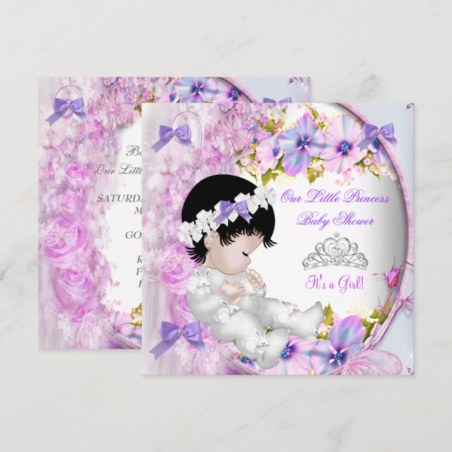Convites Chá de Bebê Princesa Menina Rosa Roxo Floral 3 (Frente/Verso)