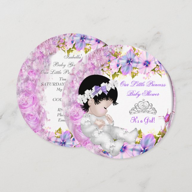 Convites Chá de Bebê Princesa Menina Rosa Roxo Floral 3a (Frente/Verso)