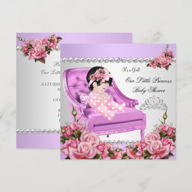 Convites Chá de Bebê Princesa Menina Rosas Rosa Lavanda 2 (Frente/Verso)