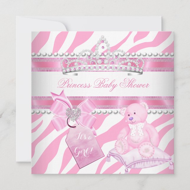 Convites Chá de Bebê Princesa Menina Zebra Rosa Urso Branco (Frente)