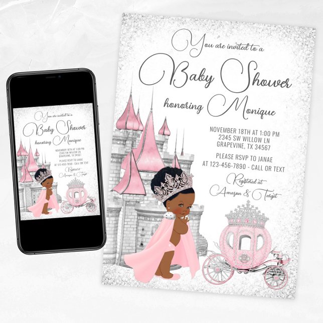 Convites Chá de Bebê Princesa Negra (Pink silver princess baby shower invitation with African princess, castle and carriage.)