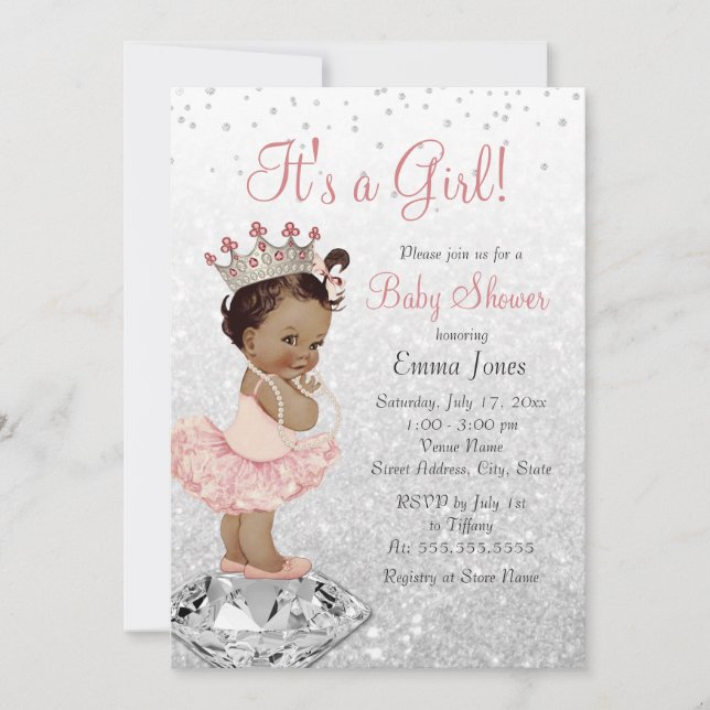 Convites Chá de Bebê Princesa Prata Rosa Afro-Americana (Frente)