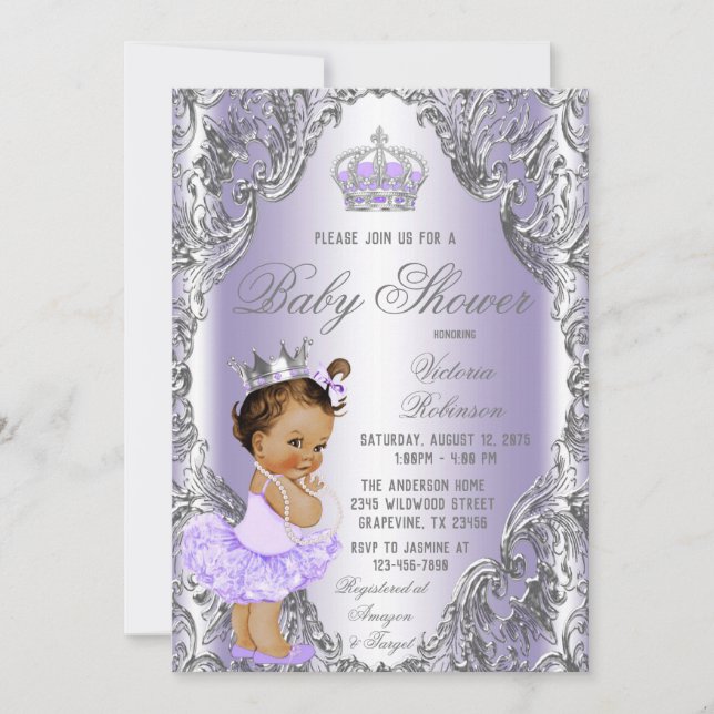 Convites Chá de Bebê Princesa Prata Roxa  (Frente)