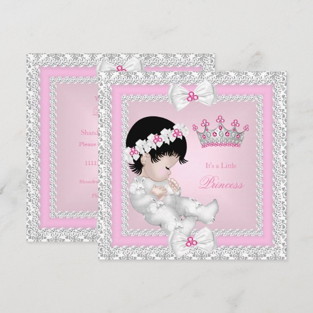Convites Chá de Bebê Princesa Rosa Branco Cinza Damasco B (Frente/Verso)