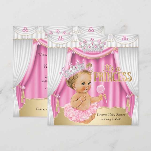 Convites Chá de Bebê Princesa Rosa Branco Gema Dourado Loir (Frente/Verso)