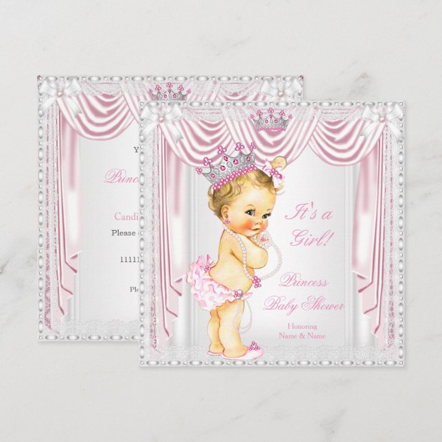 Convites Chá de Bebê Princesa Rosa Cetim Renda Pele Clara (Frente/Verso)