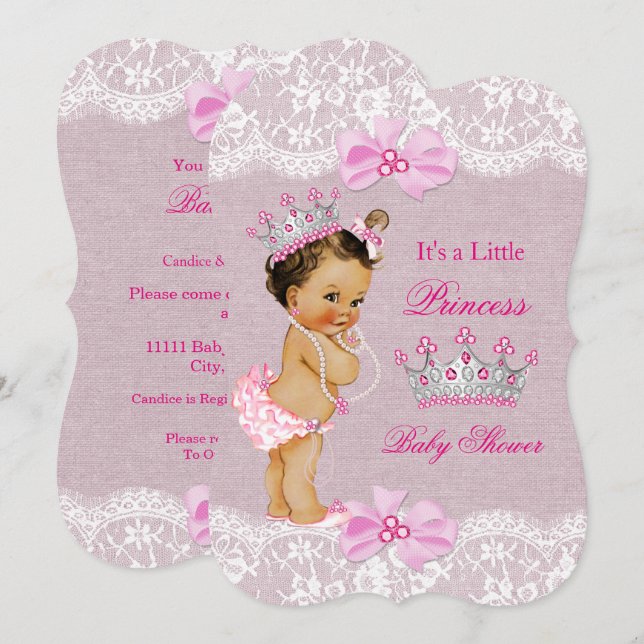 Convites Chá de Bebê Princesa Rosa com Renda de Estopa More (Frente/Verso)