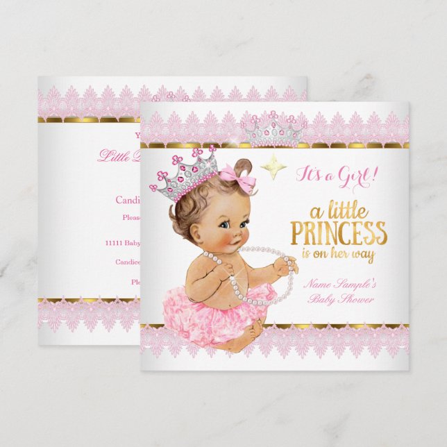 Convites Chá de Bebê Princesa Rosa Dourado Bebê Morena (Frente/Verso)