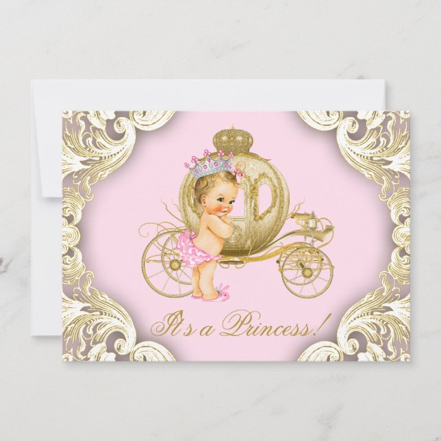 Convites Chá de Bebê Princesa Rosa e Dourado Carruagem (Frente)