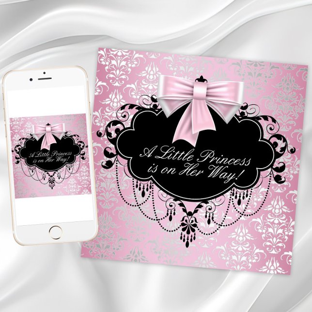 Convites Chá de Bebê Princesa Rosa e Preto Elegante Prata (Pink and black baby shower invitation. Add your text to front and back. Download and printed.)