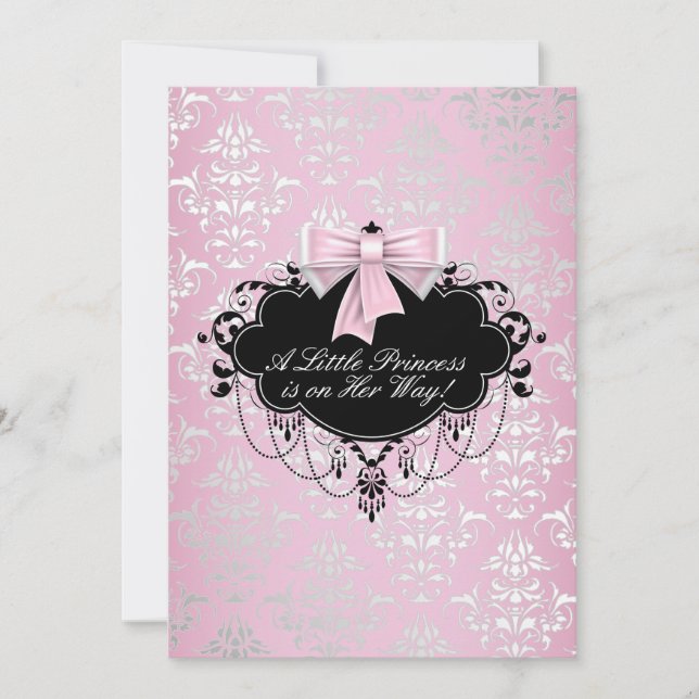 Convites Chá de Bebê Princesa Rosa e Preto Elegante Prata (Frente)
