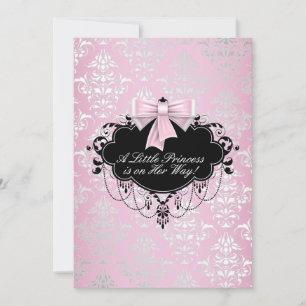 Convites Chá de Bebê Princesa Rosa e Preto Elegante Prata