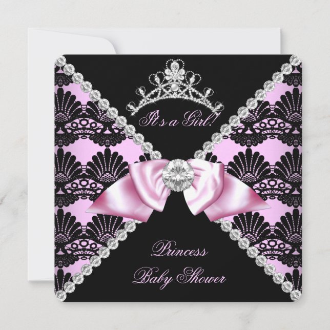 Convites Chá de Bebê Princesa Rosa Renda Preta Diamante (Frente)