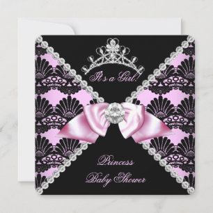Convites Chá de Bebê Princesa Rosa Renda Preta Diamante