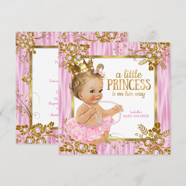 Convites Chá de Bebê Princesa Rosa Seda Floral Loira (Frente/Verso)
