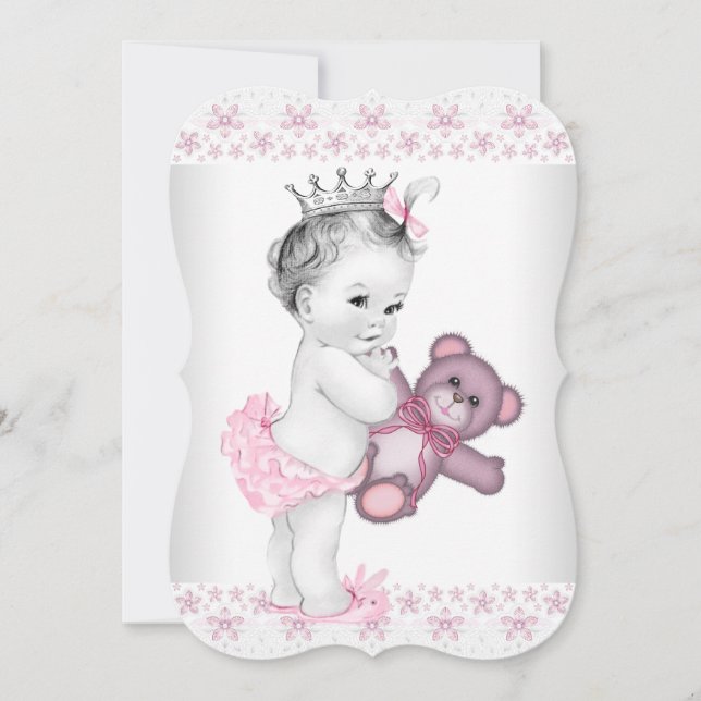 Convites Chá de Bebê Princesa Rosa Ursinho de Pelúcia (Frente)