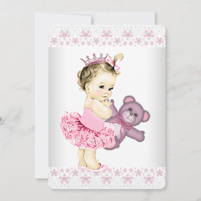 Convites Chá de Bebê Princesa Ursinho Teddy Rosa (Frente)