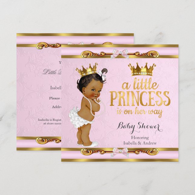 Convites Chá de Bebê Princesinha Étnica Rosa Dourado (Frente/Verso)