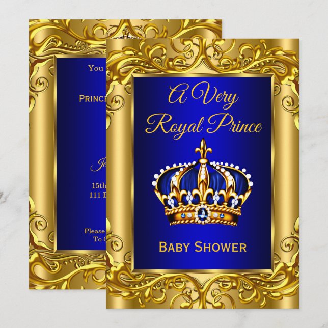 Convites Chá de Bebê Príncipe Real Azul royal dourado (Frente/Verso)