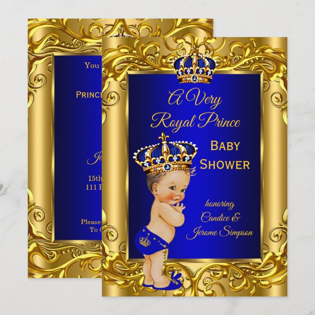 Convites Chá de Bebê Príncipe Real Azul royal dourado moren (Frente/Verso)