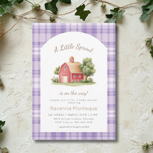 Convites Chá de Bebê Purple Gingham Red Barn Little Sprout