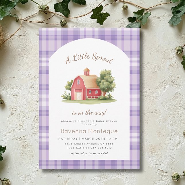 Convites Chá de Bebê Purple Gingham Red Barn Little Sprout (Criador carregado)
