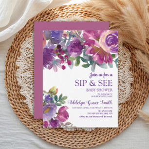 Convites Chá de Bebê Purple Gold Floral Aquarela Sip See