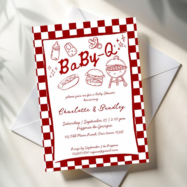 Convites Chá de bebê q churrasco verificações vermelhas (Baby q barbeque red checks hand drawn barbeque baby shower invitation cards template)