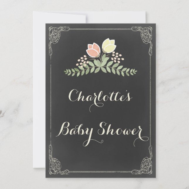 Convites Chá de Bebê Quadro Negro com Florais Clássicos e L (Frente)