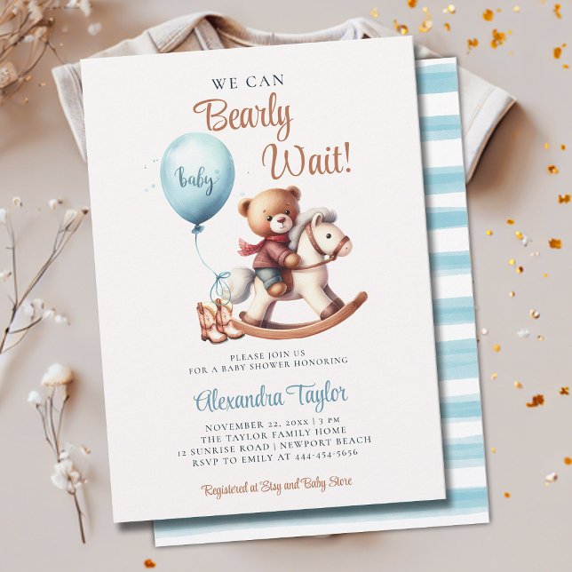 Convites Chá De Bebê-Rapaz De Cavalo-De-Ouro Esperado (we can bearly wait baby boy shower invitation teddy bear cute rocking chair lil cowboy western brown)