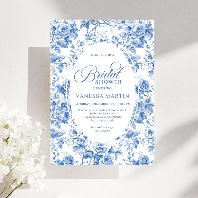 Convites Chá de Bebê Real Atemporal Toile de Jouy Azul  (Timeless Royal Blue Toile de Jouy Bridal Shower Invite)