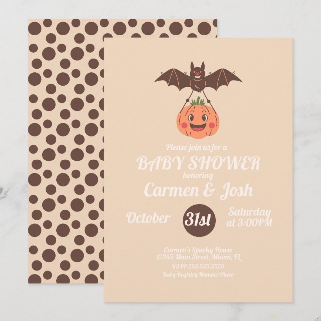 Convites Chá de Bebê Retrô Abóbora Morcego de Halloween Vin (Frente/Verso)