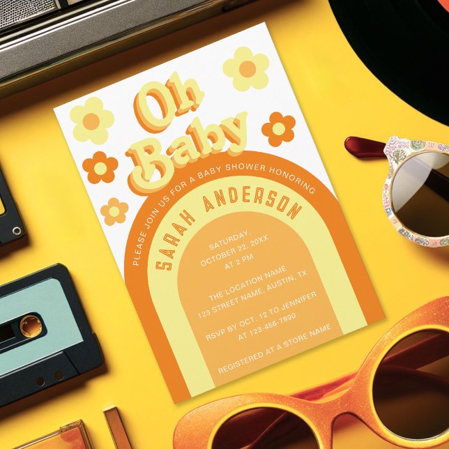 Convites Chá de Bebê Retro Groovy Anos 70 Poder das Flores (Criador carregado)