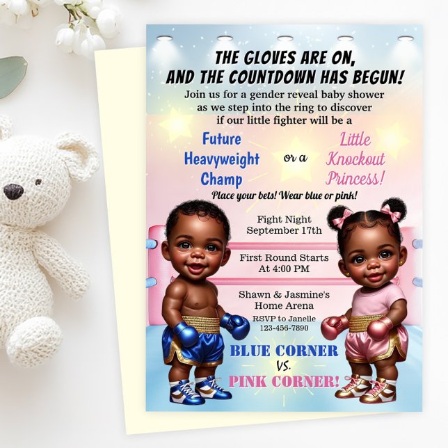Convites Chá de Bebê Revelação de Gênero com Tema de Boxe (Boxing gender reveal baby shower invitation with adorable baby boxers! Simply add your details.)